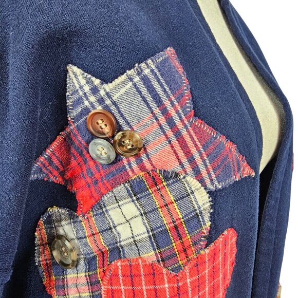 VTG Womens LG Sweater Open Cardigan Jerzees Patchwork Heart Navy Blue Applique - Picture 9 of 16